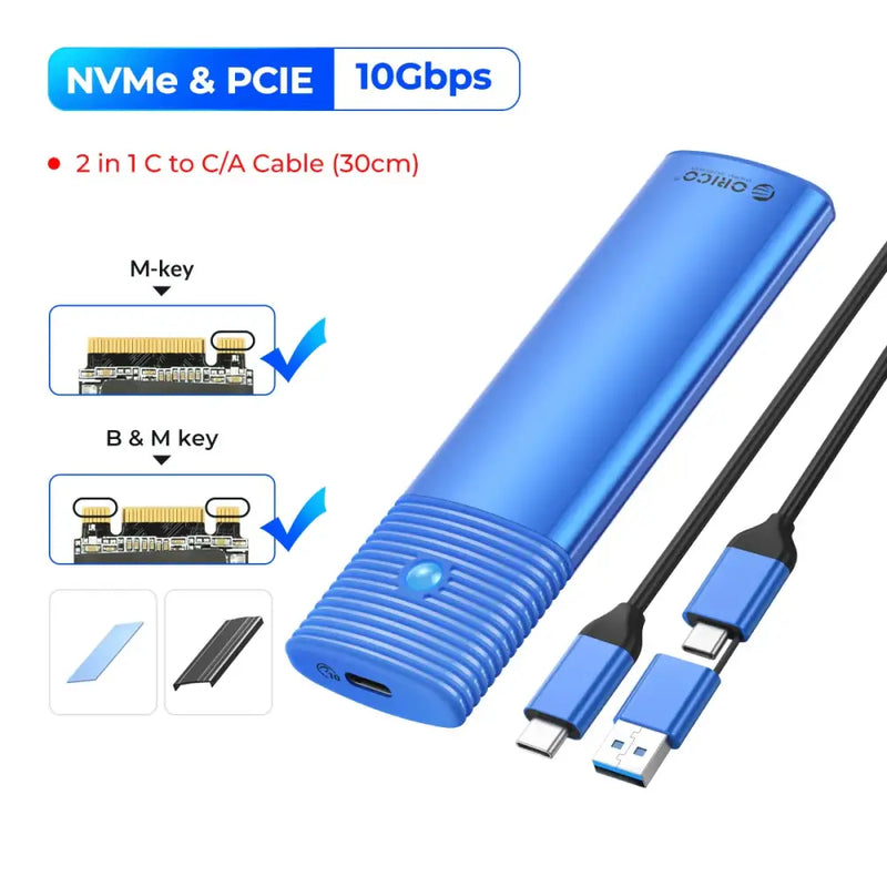 Blue cylindrical ORICO M2 SSD enclosure NVMe for high-speed data transfer solutions