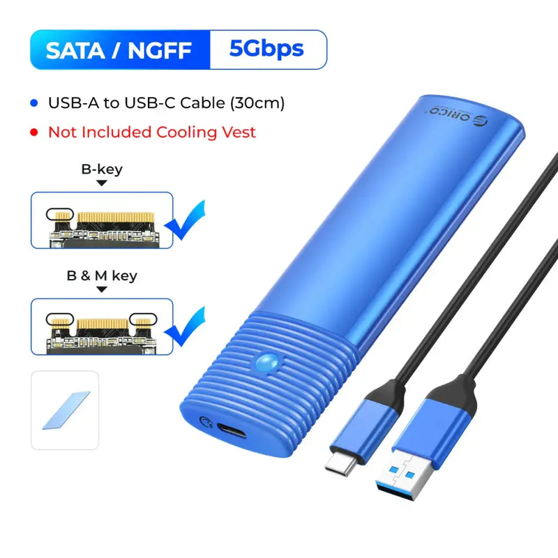 Blue cylindrical ORICO M2 SSD enclosure NVMe with USB-C for high-speed 10Gbps data transfer