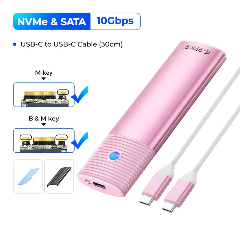 Pink cylindrical ORICO M2 SSD Enclosure for high-speed NVMe NGFF data transfer