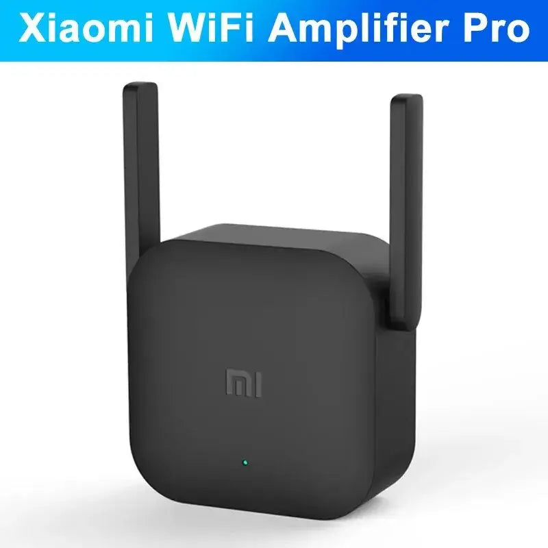 Black Xiaomi WiFi Amplifier Pro with two antennas for reliable connectivity in 300m range