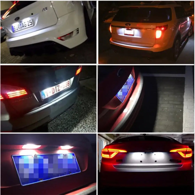 Collage of car rear ends showcasing OTNHAEE license plate lights at night