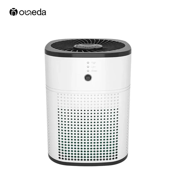 Cylindrical white Ouneda Air Purifier with black top, high wind speed, and fragrant function