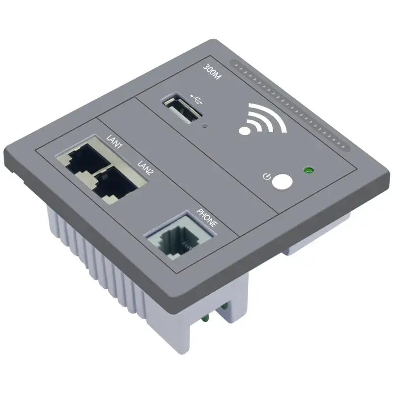 Gray wall-mounted OUTENGDA KY928-300M wireless router with multiple ports and Wi-Fi symbol