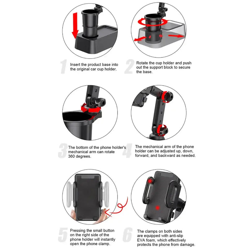 Adjustable Universal Car Holder with Lazy Bracket and installation steps displayed