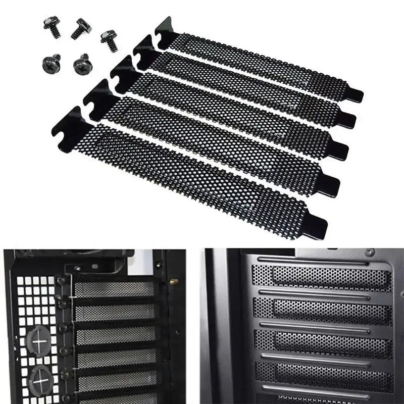 Perforated black plastic PCI slot cover dust filter for enhanced airflow and protection