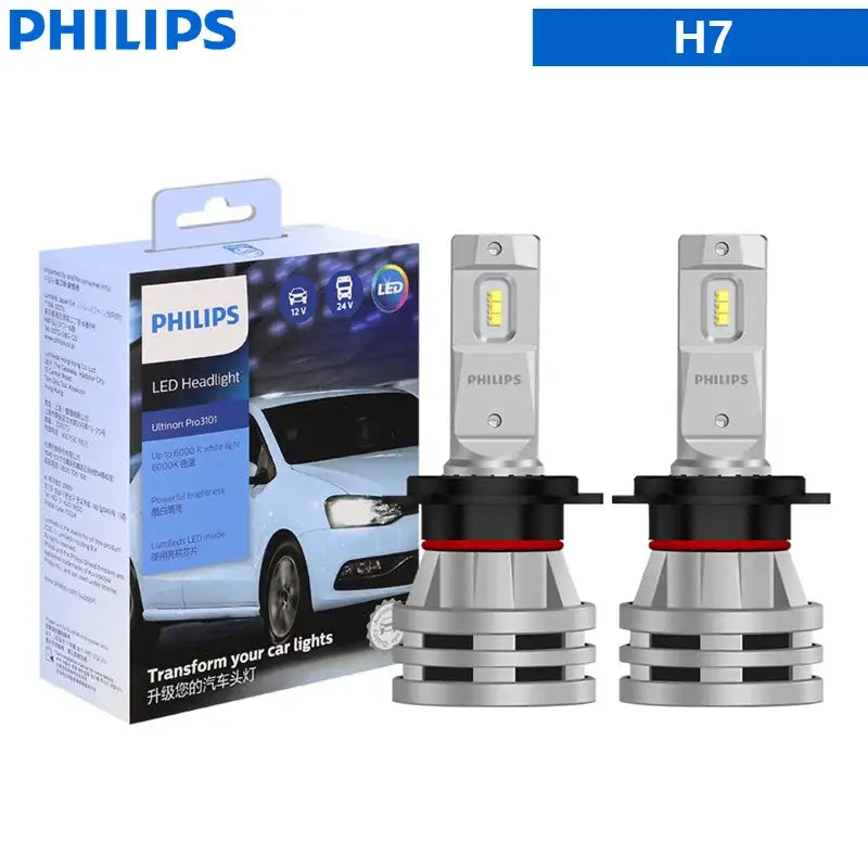 Philips 6000K LED headlight bulbs with packaging for modern white lighting in cars