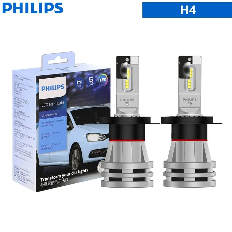 Philips H4 LED headlight bulbs in packaging for Philips 6000K LED modern white lighting