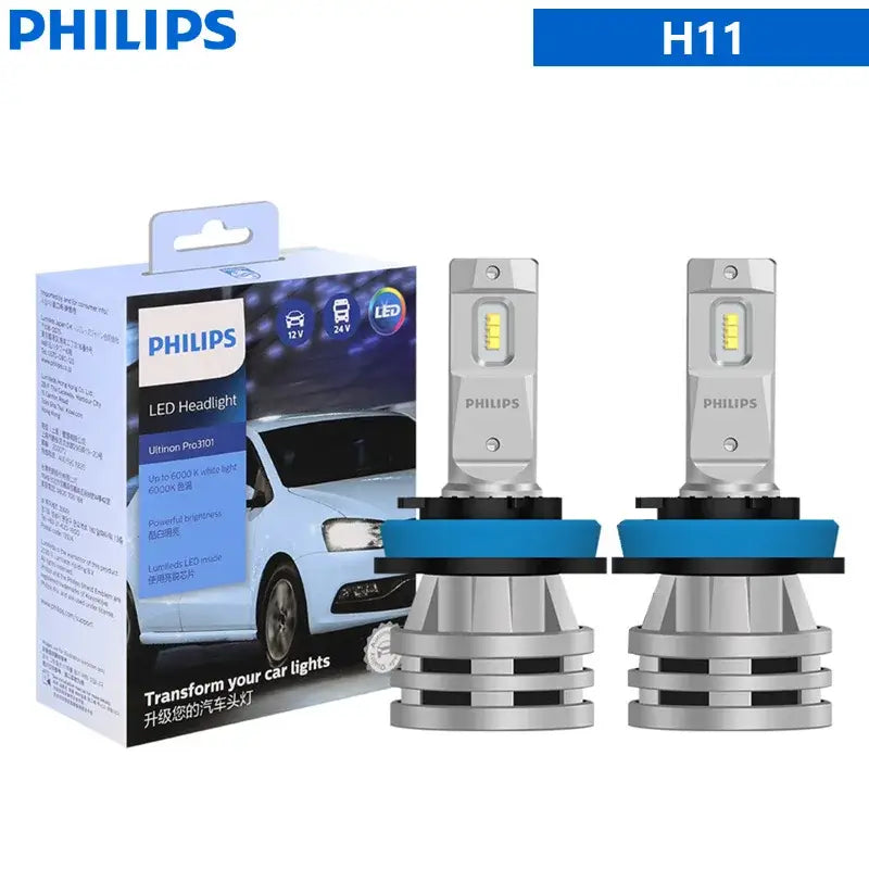 Philips H11 LED headlight bulbs in packaging for modern white lighting, 6000K LED