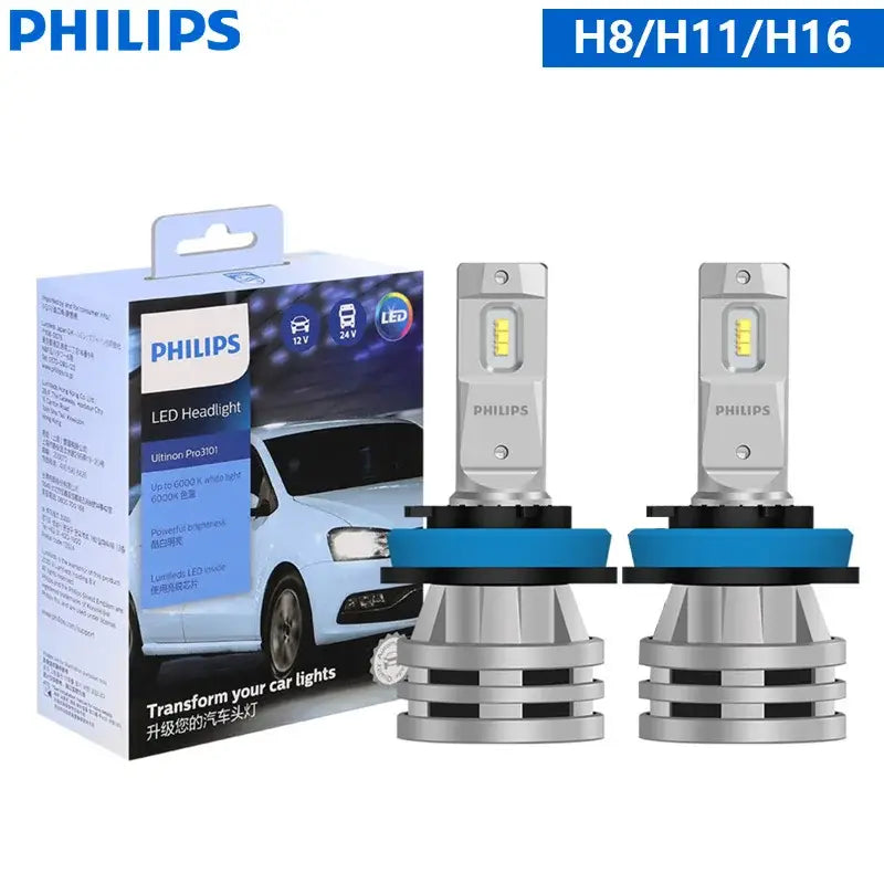 Philips 6000K LED headlight bulbs H8/H11/H16 with packaging for modern white lighting