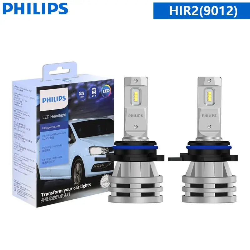 Philips HIR2 LED headlight bulbs in packaging showcasing Philips 6000K LED modern white lighting