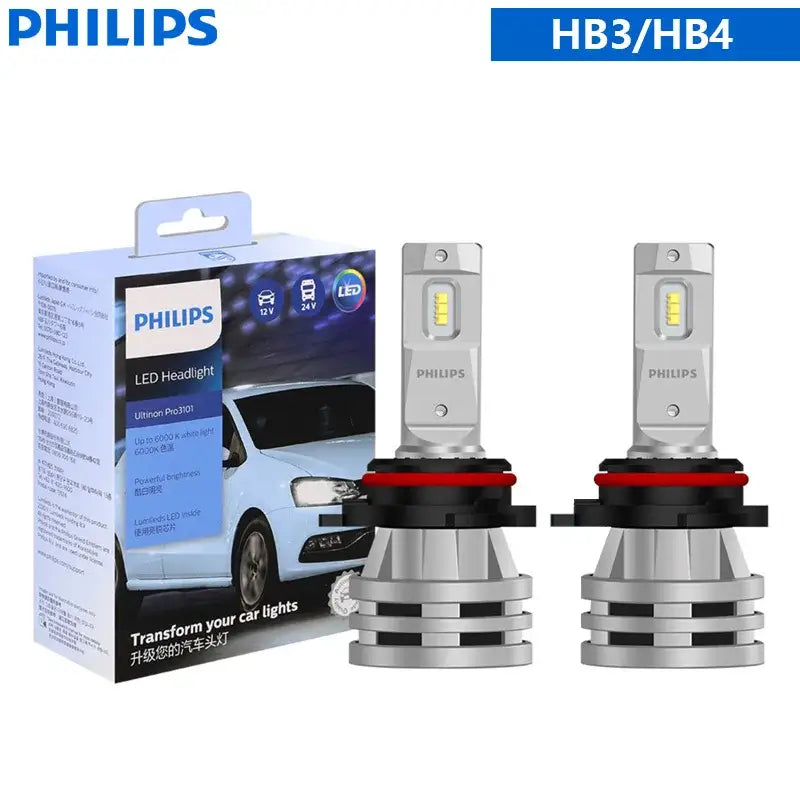 Philips HB3/HB4 LED headlight bulbs with packaging for Philips 6000K LED modern white lighting