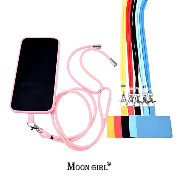 Smartphone with pink case and detachable cord lanyard for secure phone access