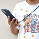 White t-shirt with colorful TOGETHER cartoon design and star decorations for adjustable detachable cord