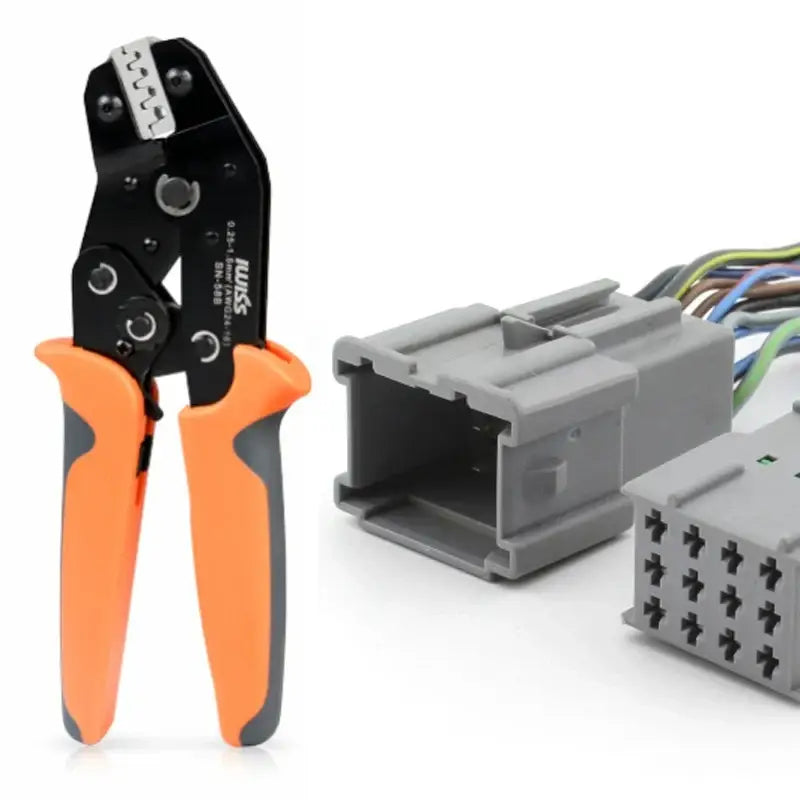 Crimping tool with orange handles beside automotive wiring connectors in Plastic Cardboard Size 7