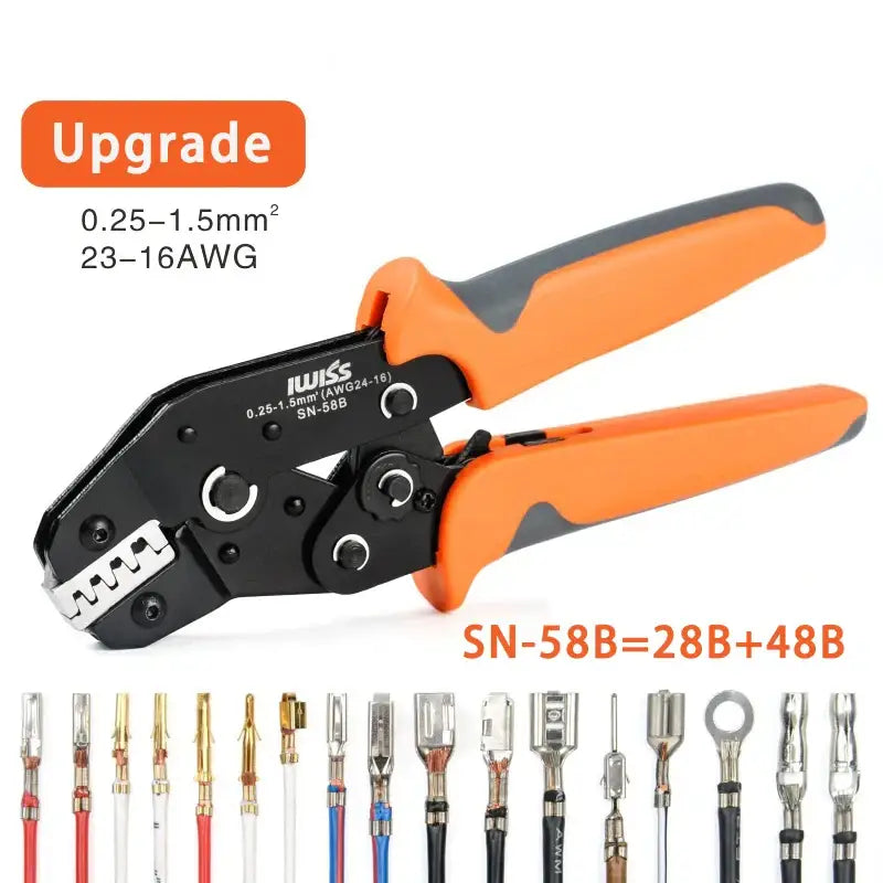 Crimping tool with orange handles and metal connectors for Plastic Cardboard Size 7 package