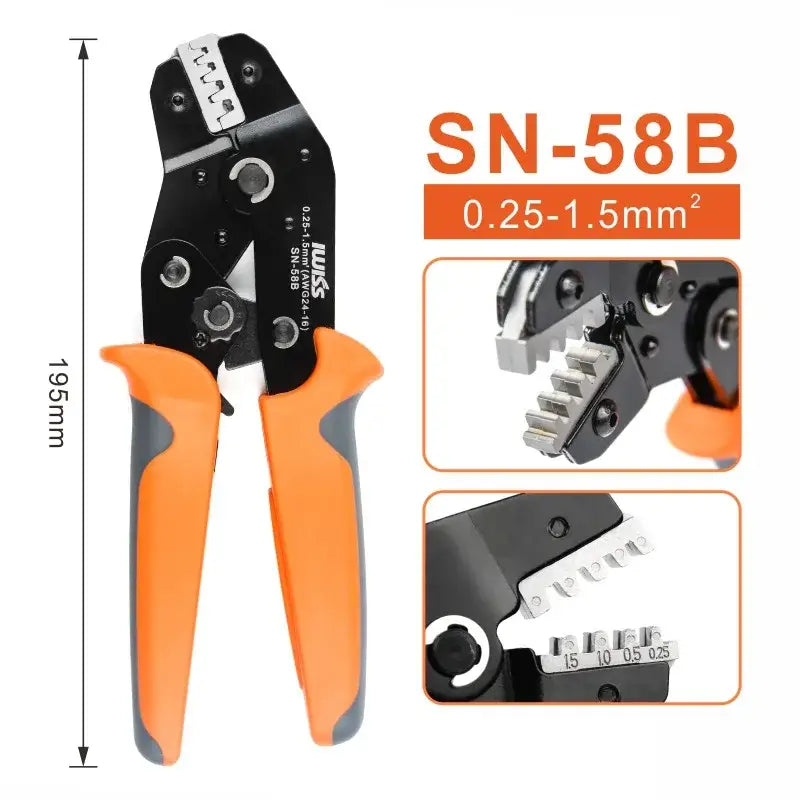 Crimping tool with orange handles and black jaws in Plastic Cardboard Size 7 package