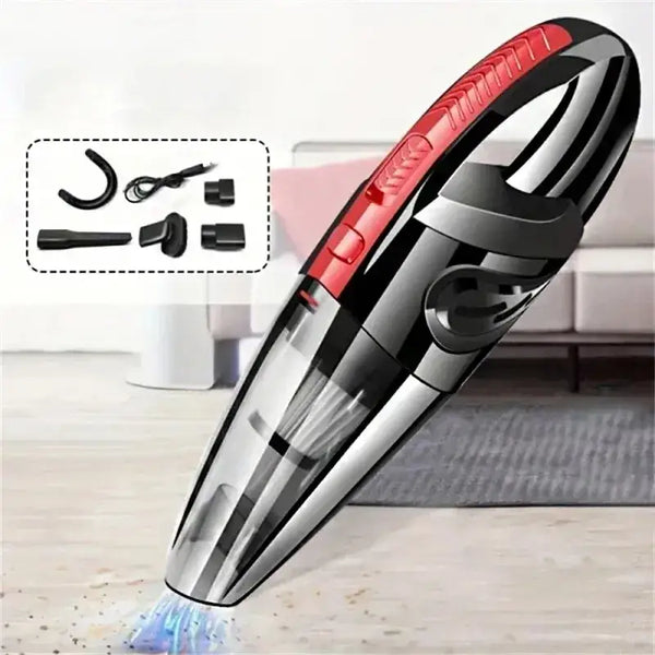 Handheld wireless vacuum cleaner in red and black design with powerful suction attachments