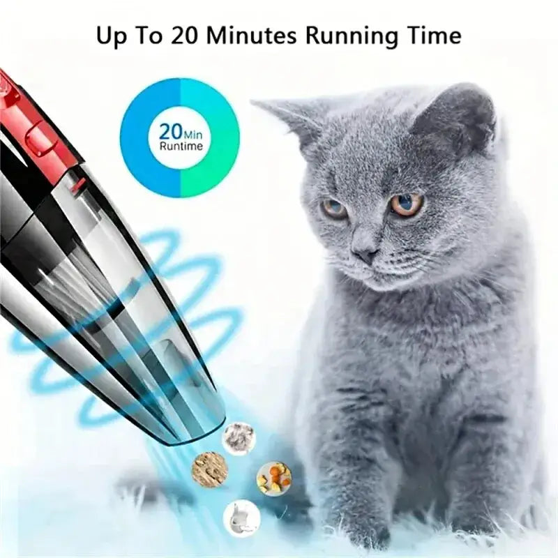 Handheld wireless vacuum cleaner for pet hair removal beside a gray cat