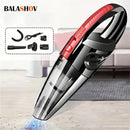 Handheld wireless vacuum cleaner with red and black design and various attachments