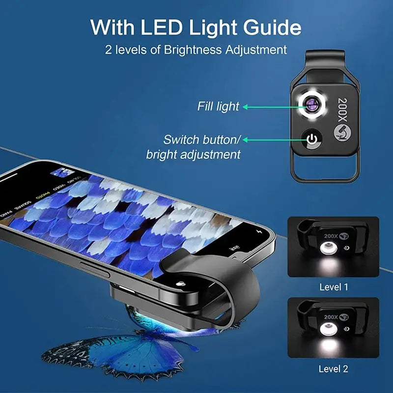 LED light guide attachment for Portable Mini Digital Phone Microscope with adjustable brightness