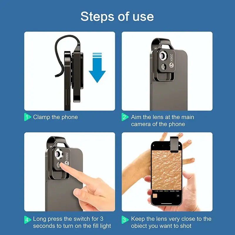 Portable Mini Digital Phone Microscope Accessory with CPL Lens and usage instructions