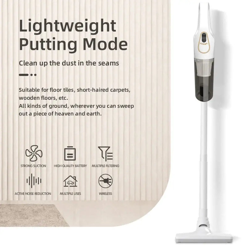 Sleek white cordless vacuum cleaner showcasing features of the Portable Wireless Car Vacuum