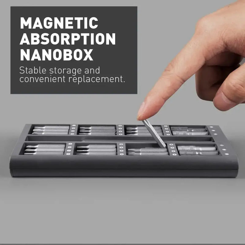 Magnetic absorption nanobox for organized storage in Precision Screwdriver Set