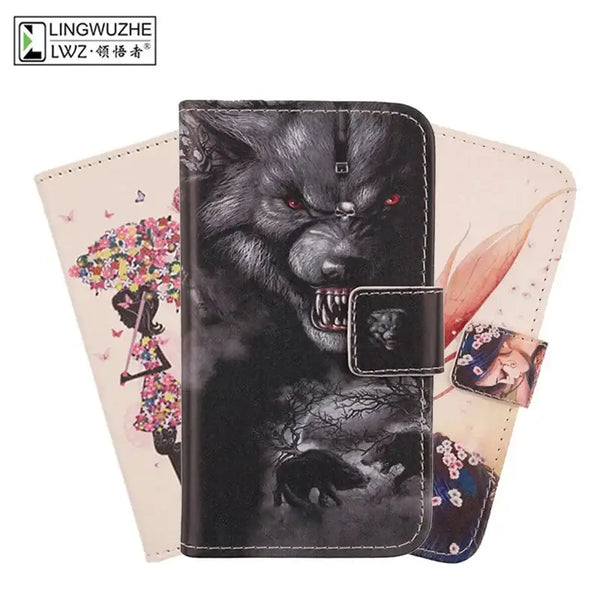 Leather phone cases with designs for Intex Aqua S9 Pro, featuring wolves, florals, and cartoons