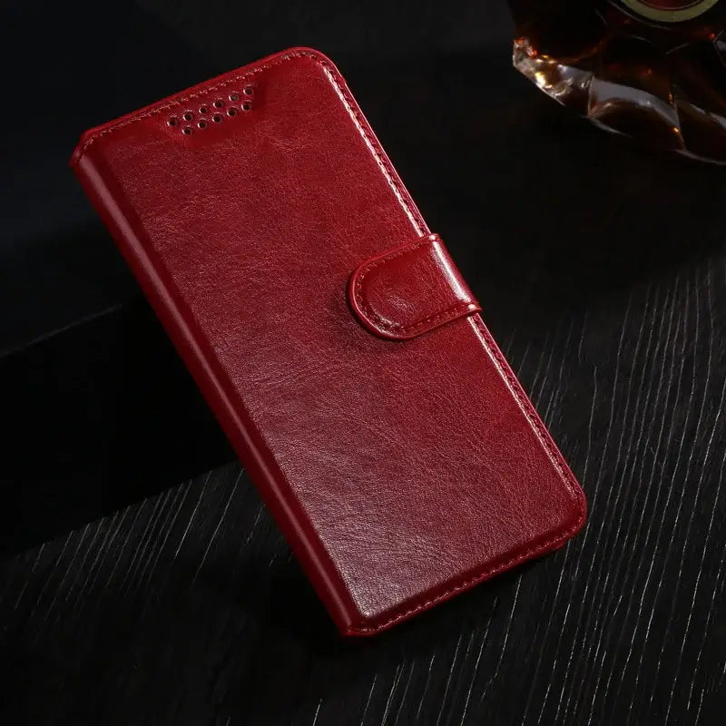 Red leather wallet flip case for LG G4 featuring a snap closure and stylish protection