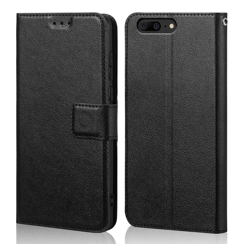 Premium PU Leather Flip Case for OnePlus 5 with card slots and a sleek black design