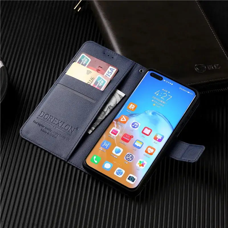 Smartphone in a navy blue leather flip case with card slots for OnePlus 5 protection