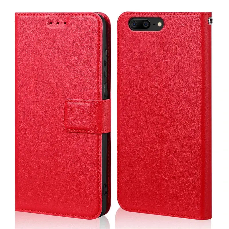 Red leather flip case for OnePlus 5, offering premium protection with a stylish design