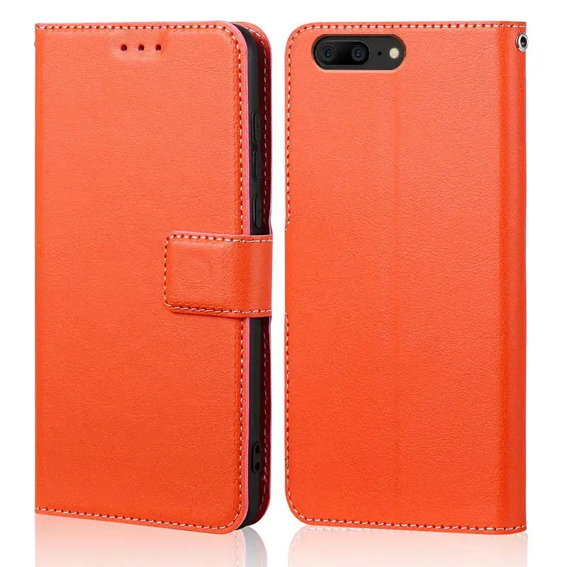 Orange leather flip case for OnePlus 5 with card slots and a protective flip cover