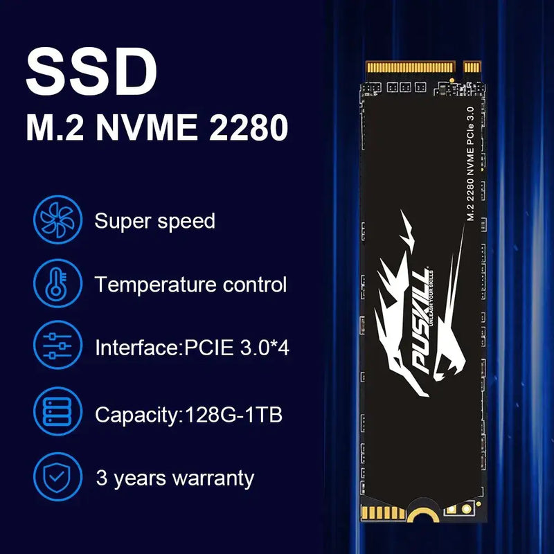 M.2 NVMe 2280 SSD PUSKILL PCI Express NAND with cooling fin and specifications displayed