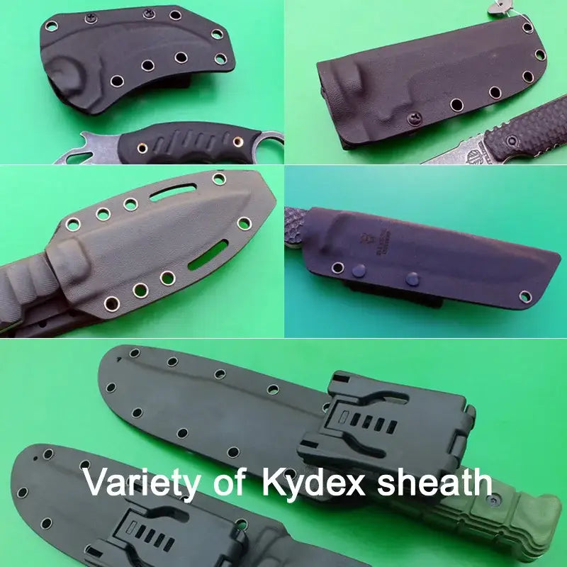 Assortment of black Kydex knife sheaths by QingGear Commercial Manufacture with various shapes