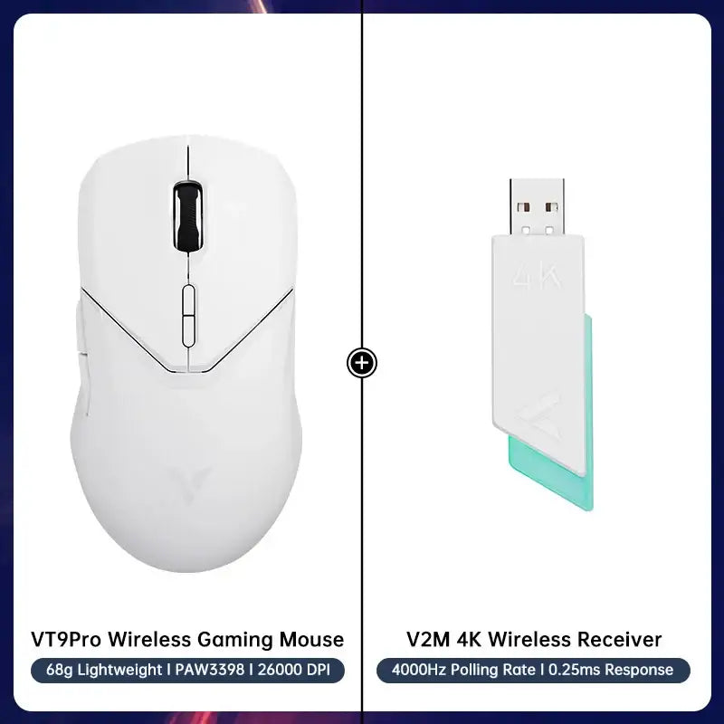 White Rapoo VT9PRO Wireless Gaming Mouse with matching USB receiver for precise customization