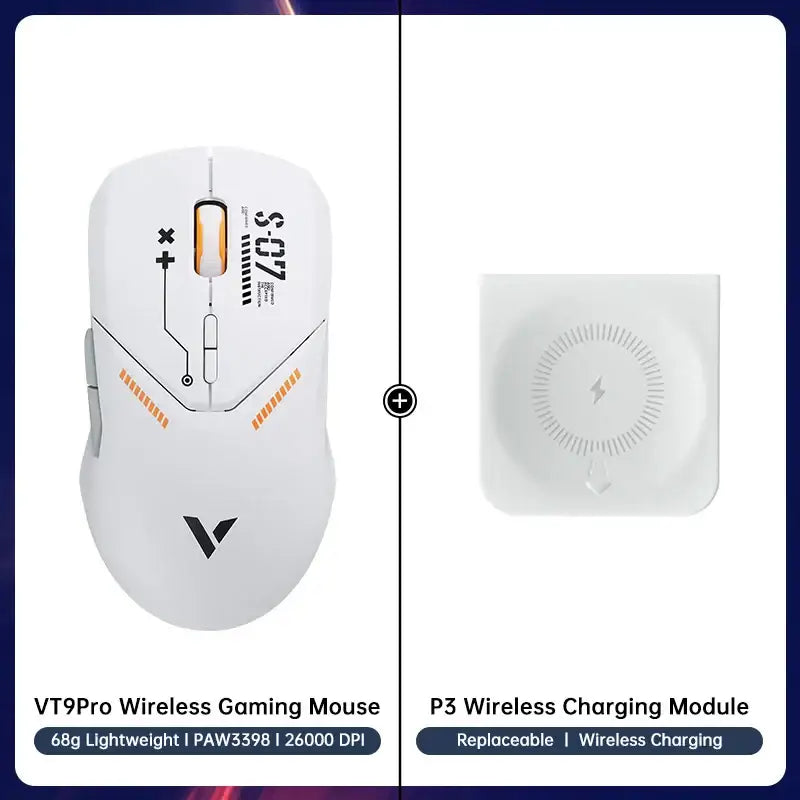 White Rapoo VT9PRO Wireless Gaming Mouse with orange accents and customizable buttons