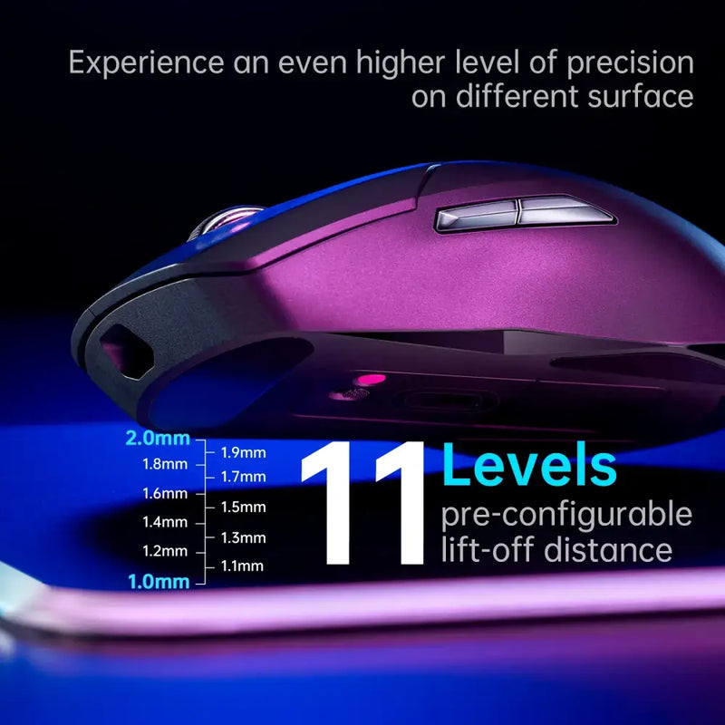 Sleek purple Rapoo VT9PRO Wireless Gaming Mouse with customizable lift-off distance settings