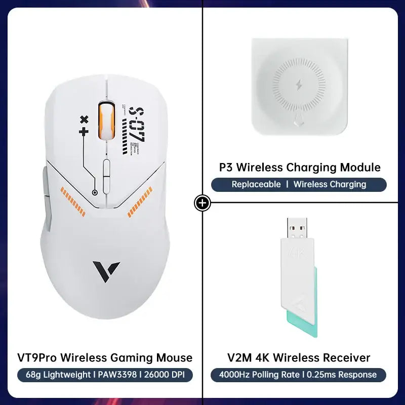 White Rapoo VT9PRO Wireless Gaming Mouse featuring orange accents and customizable buttons