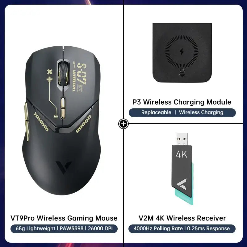 Rapoo VT9PRO Wireless Gaming Mouse featuring yellow accents and customizable buttons