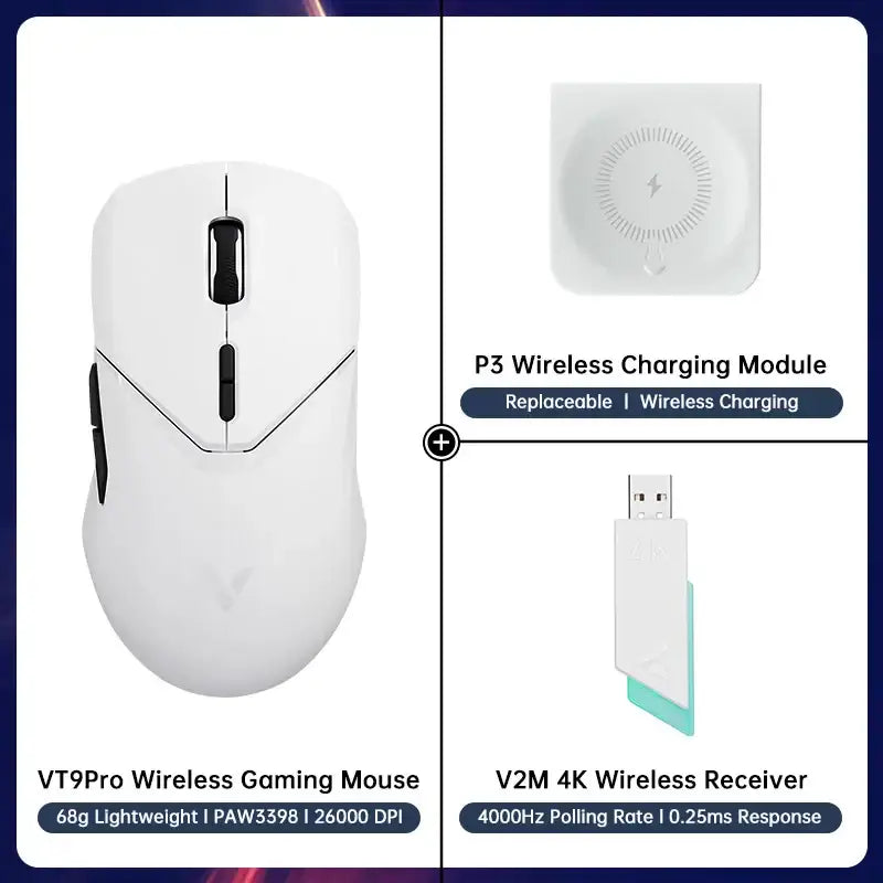 White Rapoo VT9PRO Wireless Gaming Mouse showcasing a sleek ergonomic design