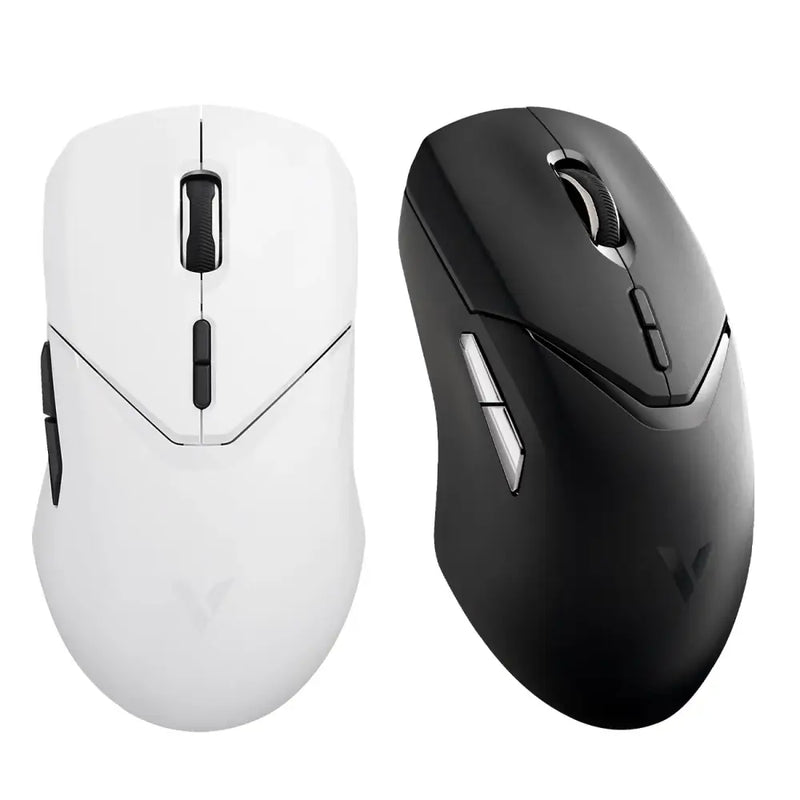 Two ergonomic Rapoo VT9PRO Wireless Gaming Mice in white and black, featuring multiple buttons