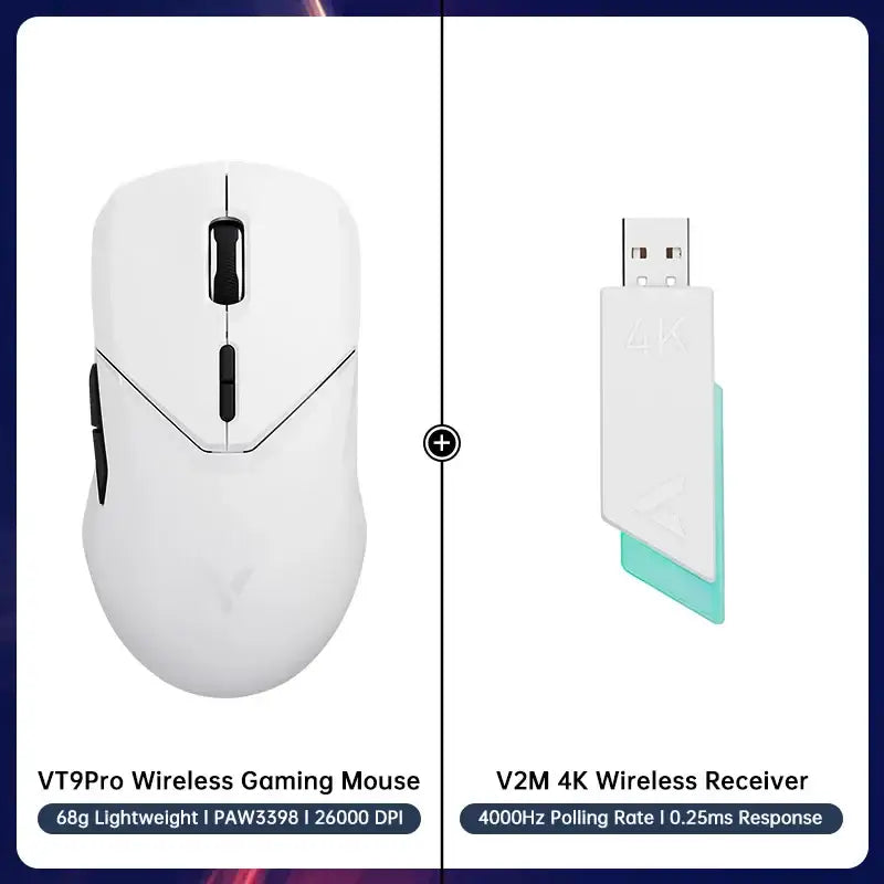 White Rapoo VT9PRO Wireless Gaming Mouse with sleek design and USB receiver