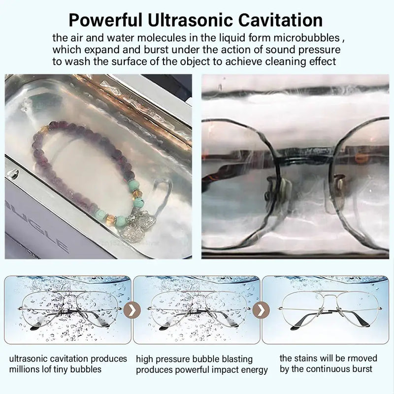 Pair of eyeglasses cleaned in Raugee Ultrasonic Cleaner 500-700ml using cavitation technology