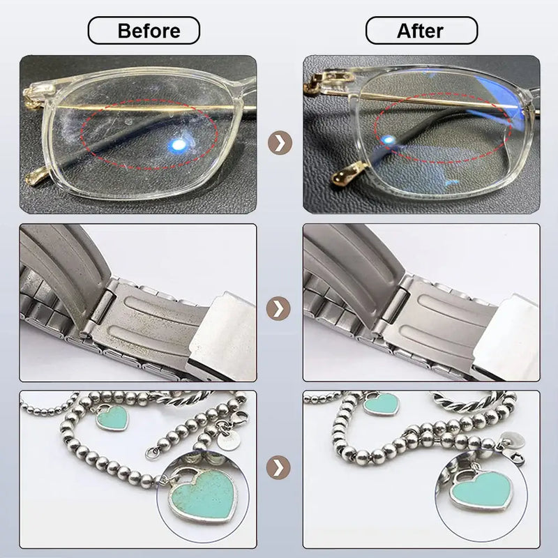 Before and after cleaning with Raugee Ultrasonic Cleaner 500-700ml for eyeglasses, watch, necklace