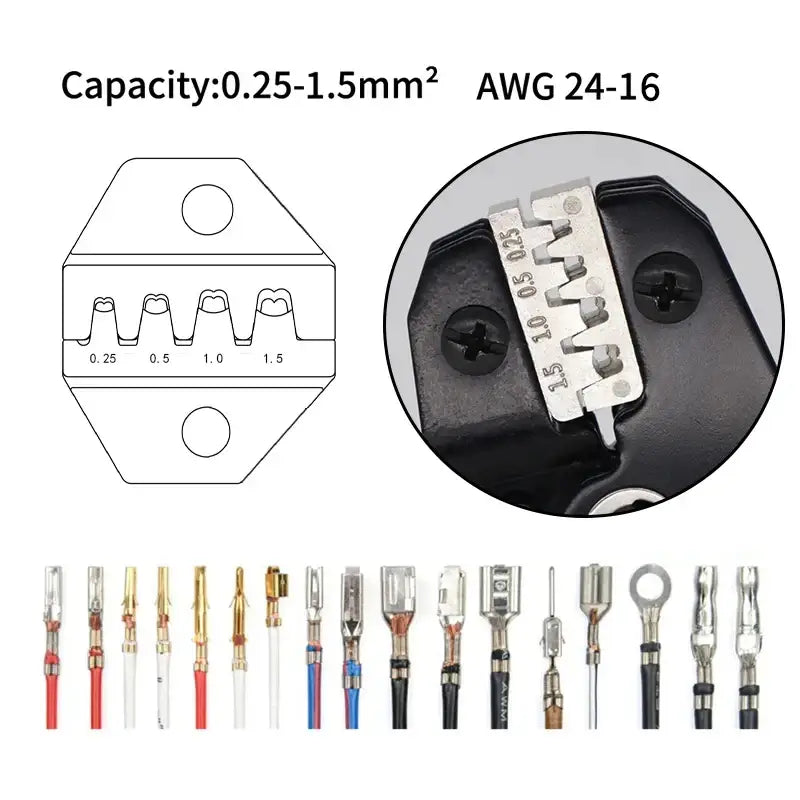 Crimping tool with terminals and wire capacity diagram for SANJIANG SN-58B Mainland China DIY