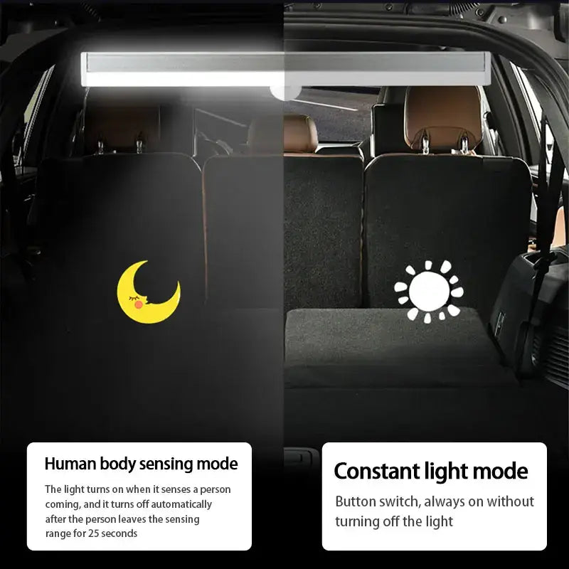 SEAMETAL Car Sensor Light showcasing human body sensing and constant light modes for nighttime driving