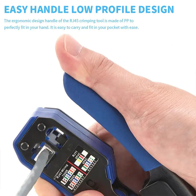 Crimping tool with blue handle held by hand for Seven Floor Cable Crimper from Mainland China