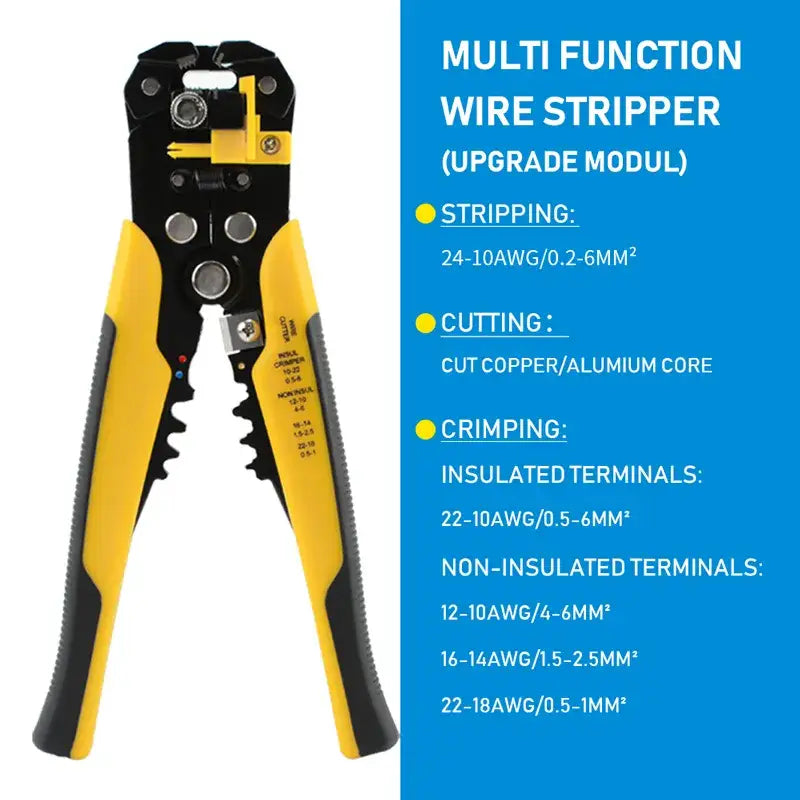 Yellow and black multi-function wire stripping tool from Seven Floor DIY Supplies