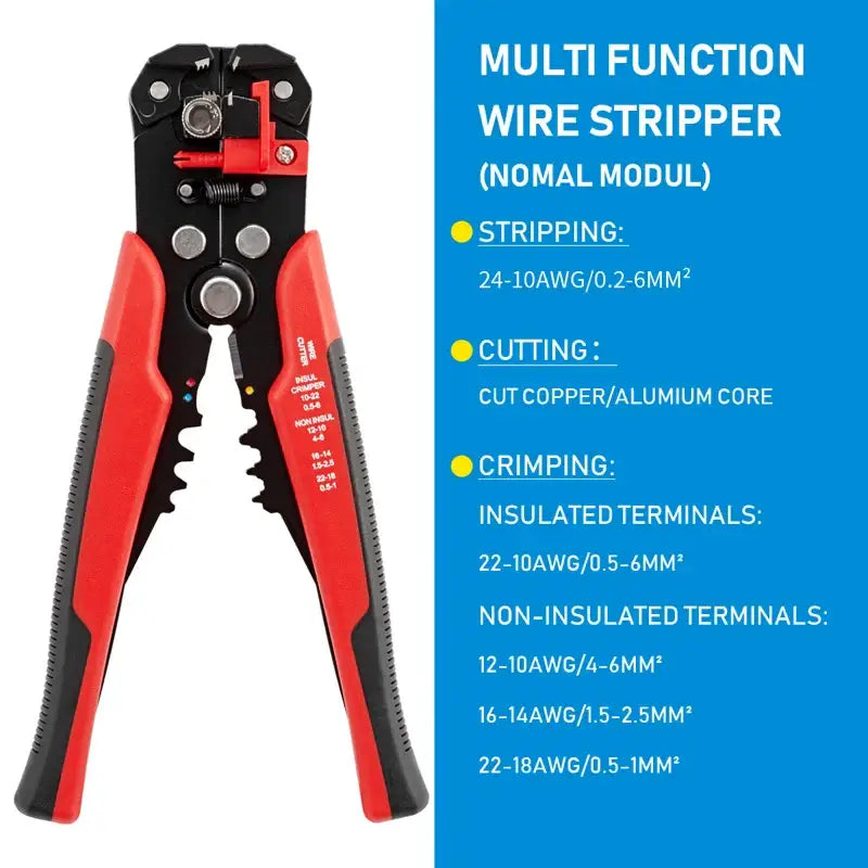 Multi-function wire stripper tool with red handles, featured in Seven Floor DIY Supplies